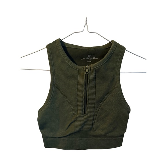 Offline Tops - Offline By Aerie Olive Green Ribbed Fitted Zip Crop Tank Top Size Small